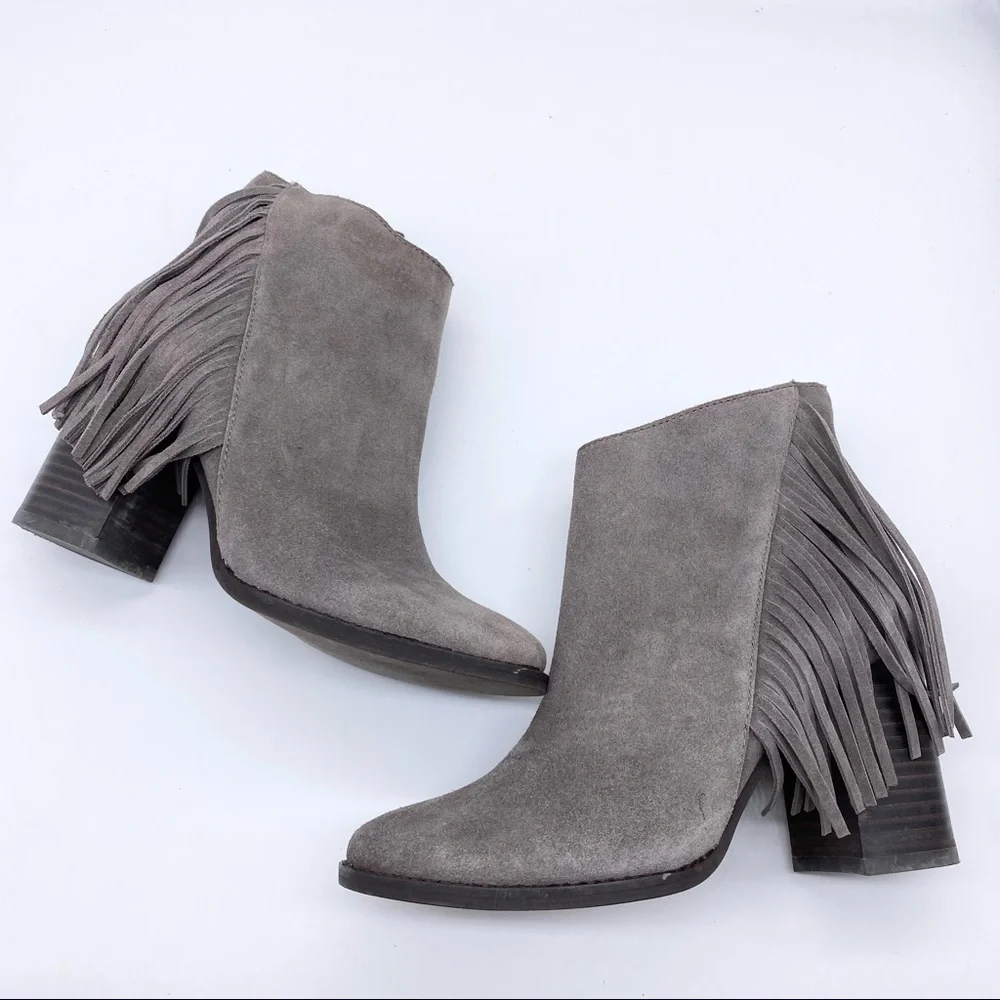 Arturo Chiang-Taupe Tan Leather fringe heel ankle bootie 7 - Picture 2 of 8